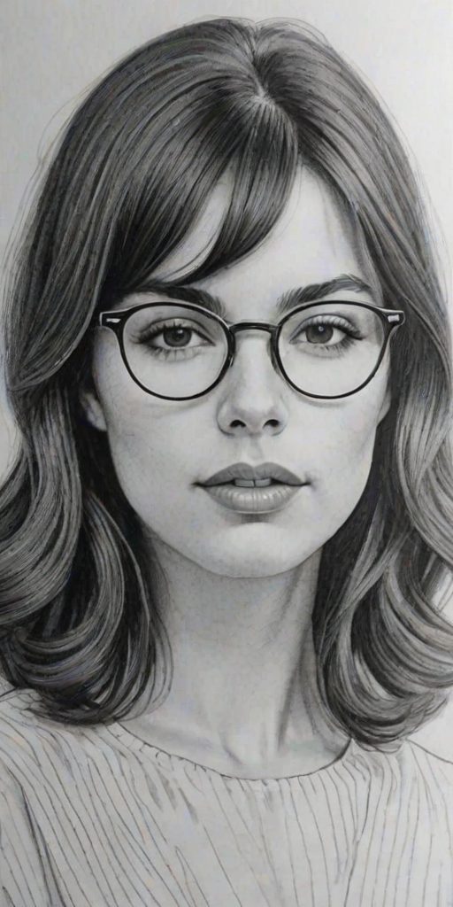 Bewitching Amelia Warner, pencil sketch, portrait of Gorgeous woman 1960s in glasses, hair style beatnik, outline, clear lines, fine lines, 8k