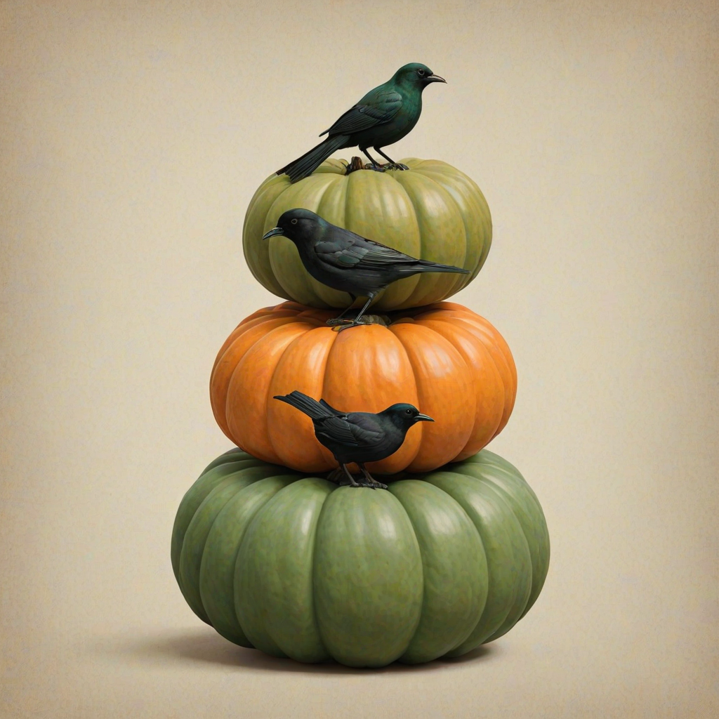 a stylized illustration of three stacked pumpkins in varying shades of green and orange, with a black bird perched on the top pumpkin, set against a neutral background
