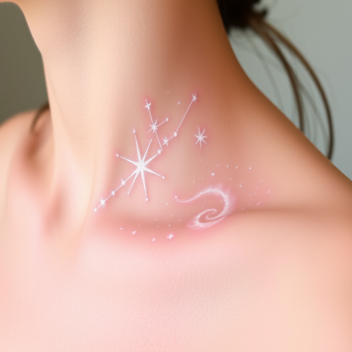 Ethereal white ink tattoo titled "Celestial Whisper" depicting a constellation of delicate stars and swirling nebulae, barely visible against the skin, creating a subtle and dreamy effect that appears to shimmer and change with movement and light