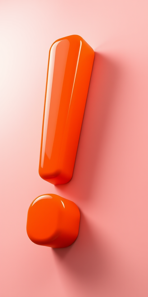 Create a vibrant 3D rendering of an exclamation mark in bright orange with a shiny surface, using a DSLR camera, 50mm lens, f/2.8 aperture, ISO 100, 1/200 sec shutter speed, soft lighting from a side angle to enhance depth and detail.