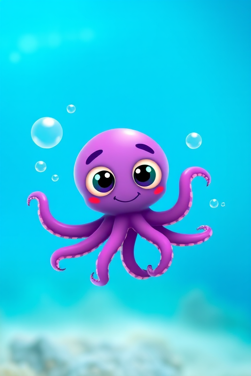 create a cute cartoon octopus with a purple body, large expressive eyes, and bubbles surrounding it, in a bright blue underwater background, using a DSLR camera, f/2.8 aperture, 50mm lens, ISO 100, soft focus style for a vibrant look