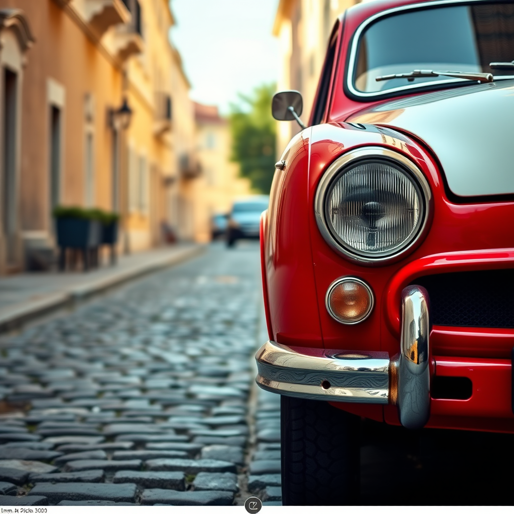 Capture a vintage red car with white stripes parked on a cobblestone street, using a DSLR camera with a 50mm lens, aperture set to f/2.8, ISO 100, natural lighting, shot from a low angle to emphasize the car's curves and details.