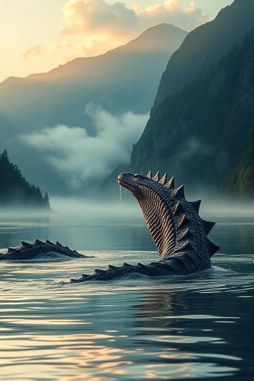 Create a hyper-realistic image of a sea monster emerging from a misty lake surrounded by mountains, capturing intricate details of its scaly texture and lush greenery, using a DSLR camera with a 50mm lens, aperture f/1.8, ISO 100, and a low-angle shot at golden hour for enhanced lighting and depth.