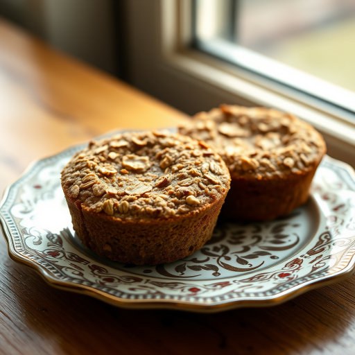high-quality close-up of two oat cakes on a vintage plate with intricate design, natural light from a window, shallow depth of field, 50mm lens at f/1.8, Canon DSLR camera, warm tones