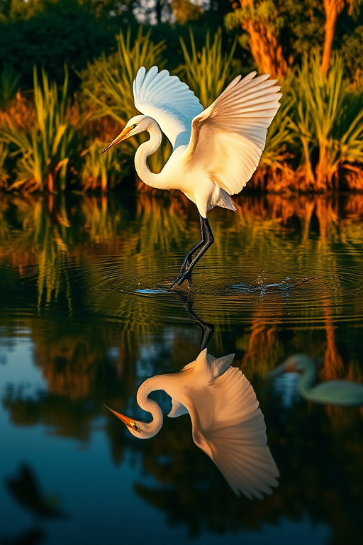 Capture a great egret dancing on the surface of a tranquil pond during golden hour, with vibrant reflections of the surrounding greenery, using a Canon EOS R5, 85mm lens, f/2.8 aperture, ISO 100, 1/1000 shutter speed, and a low angle shot for depth and detail.