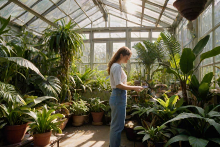 Greenhouse filled with tropical plants, a woman tends to orchids and ferns, the air warm and humid, with sunlight streaming through the glass panes.