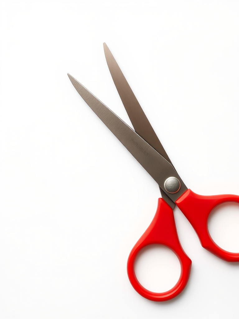 Create an image of a pair of red-handled scissors with a clean, white background, using a DSLR camera at f/2.8 aperture, ISO 100, 50mm lens, in a flat lay view to enhance clarity and detail.