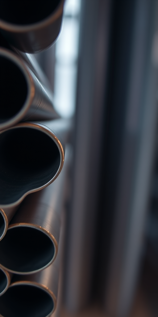 regenerate a close-up abstract image of stacked metal pipes with soft diffused lighting, using a 50mm lens at f/1.8, ISO 100, and a shallow depth of field to enhance bokeh, captured with a DSLR camera from a top-down perspective