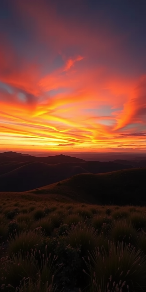 Generate a high-resolution image of a serene landscape with rolling hills and a vibrant sunset sky, captured with a Canon EOS R5 at f/8, ISO 200, 1/125s, wide-angle view, in a landscape photography style.