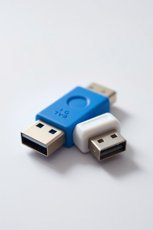 Create a high-resolution image of a blue USB flash drive with a white casing, viewed from a slightly elevated angle, sharp focus, using a DSLR camera, f/2.8 aperture, 50mm lens, ISO 100, natural lighting for enhanced details.