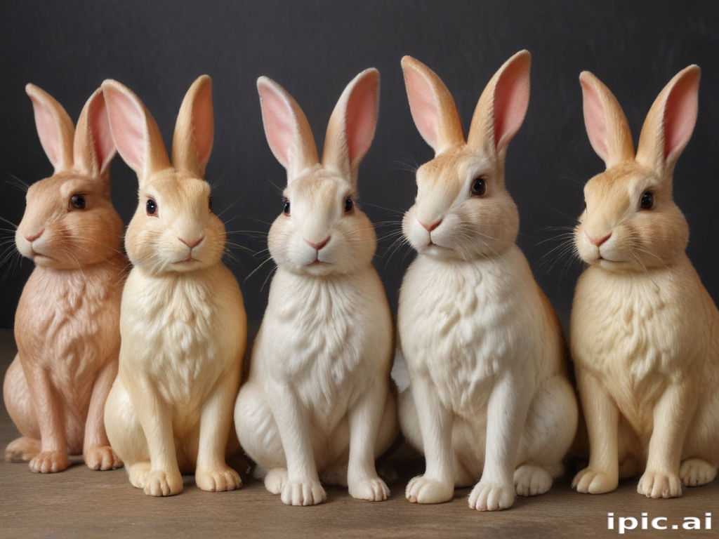 Five Realistic Rabbit Figurines Displayed in a Row with Unique Features