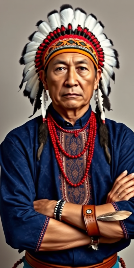 Create a dignified portrait of a Native American man dressed in traditional attire. He wears a beautifully crafted headdress adorned with white feathers and red beads, along with a beaded headband featuring intricate patterns. His clothing includes a deep blue, patterned shirt and a traditional chest piece with detailed beadwork. His arms are crossed, displaying leather armbands decorated with feathers. The background is simple and neutral, emphasizing his proud and stoic expression. The overall image captures the rich cultural heritage and strength of his persona.