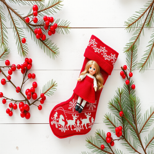 Create a blank holiday-themed background with pine branches, berries, and a decorative stocking featuring a doll, use a DSLR camera with a 50mm lens, f/1.8 aperture, ISO 100, shutter speed 1/125 sec, shot in natural light from a top-down view to enhance texture and colors.