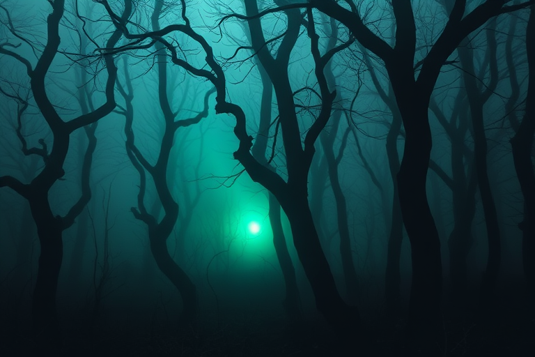 Create a misty, eerie forest scene with twisted trees and a faint green glow in the distance, using a DSLR camera with a 35mm lens, aperture f/2.8, shutter speed 1/50 sec, ISO 200, taken from a low angle to capture depth and enhance details in the shadows.