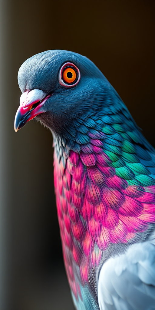 A close-up of a colorful pigeon with iridescent feathers, captured with a DSLR camera, 50mm lens, f/1.8 aperture, ISO 200, shallow depth of field, natural light, portrait orientation.