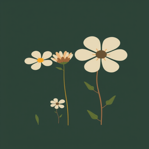 Generate a digital illustration of four stages of flower growth, featuring simple, stylized flowers with a muted color palette on a dark green background, using a Canon EOS R5 with 50mm lens, aperture f/2.8, shutter speed 1/125s, focal length 50mm, in soft focus style.