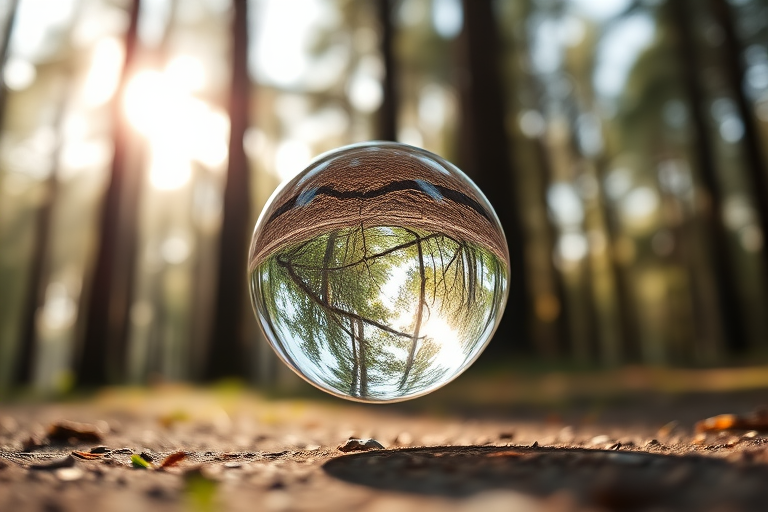 A clear glass sphere reflecting a forest scene with tall trees and soft sunlight, captured with a DSLR camera using a 50mm f/1.8 lens, aperture set to f/2.8, ISO 100, 1/200 sec shutter speed, taken at ground level with a shallow depth of field to emphasize the sphere and create a blurred background.