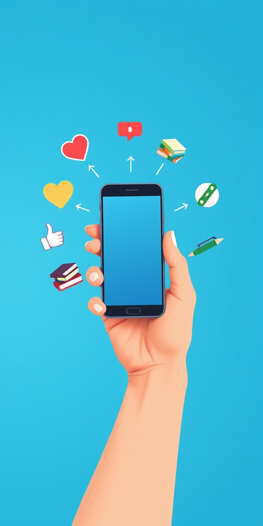 Generate a high-resolution digital illustration of a hand reaching out, holding a smartphone with various icons around it such as a heart, money, stacks of books, a pen, a thumbs up, and a speech bubble, using a vibrant blue background, with a Canon EOS R camera, 50mm lens, f/2.8 aperture, ISO 100, and a clear focus for enhanced image quality.
