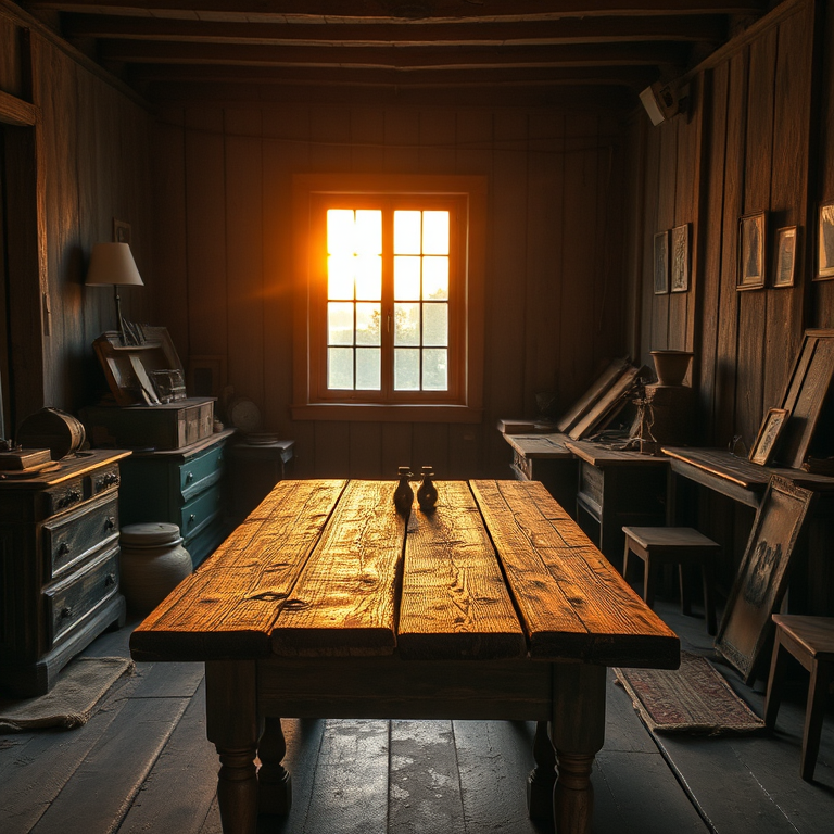 interior of a rustic room with an old wooden table, scattered vintage items, warm light coming through a window at sunset, soft focus, 50mm lens, aperture f/1.8, ISO 100, natural light, shot in HDR for enhanced detail and texture
