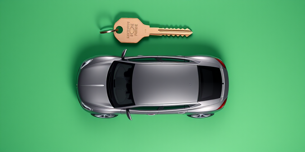 Create a high-resolution vector image of a car with a key above it, using a Canon EOS 5D Mark IV camera with an aperture of f/8, ISO 100, 50mm lens, in a flat lay style and centered composition on a solid green background.