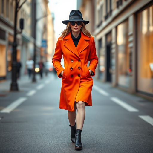 stylish woman in a vibrant orange coat and black hat walking confidently down a city street, natural light, 50mm lens, f/1.8 aperture, ISO 100, shallow depth of field, DSLR camera