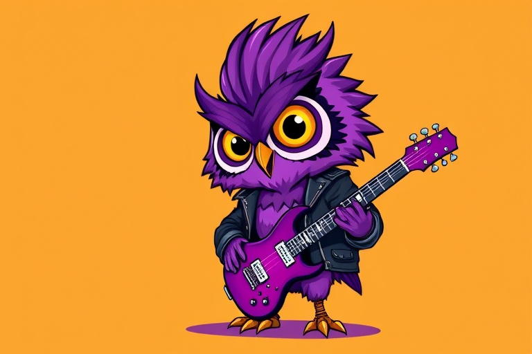 Create a vibrant cartoon-style image of a punk owl character with a purple body, a mohawk, and a leather jacket, holding a purple electric guitar, set against a solid background, captured with a DSLR camera at f/2.8, ISO 100, 50mm lens, using a wide-angle view for enhanced clarity and detail.
