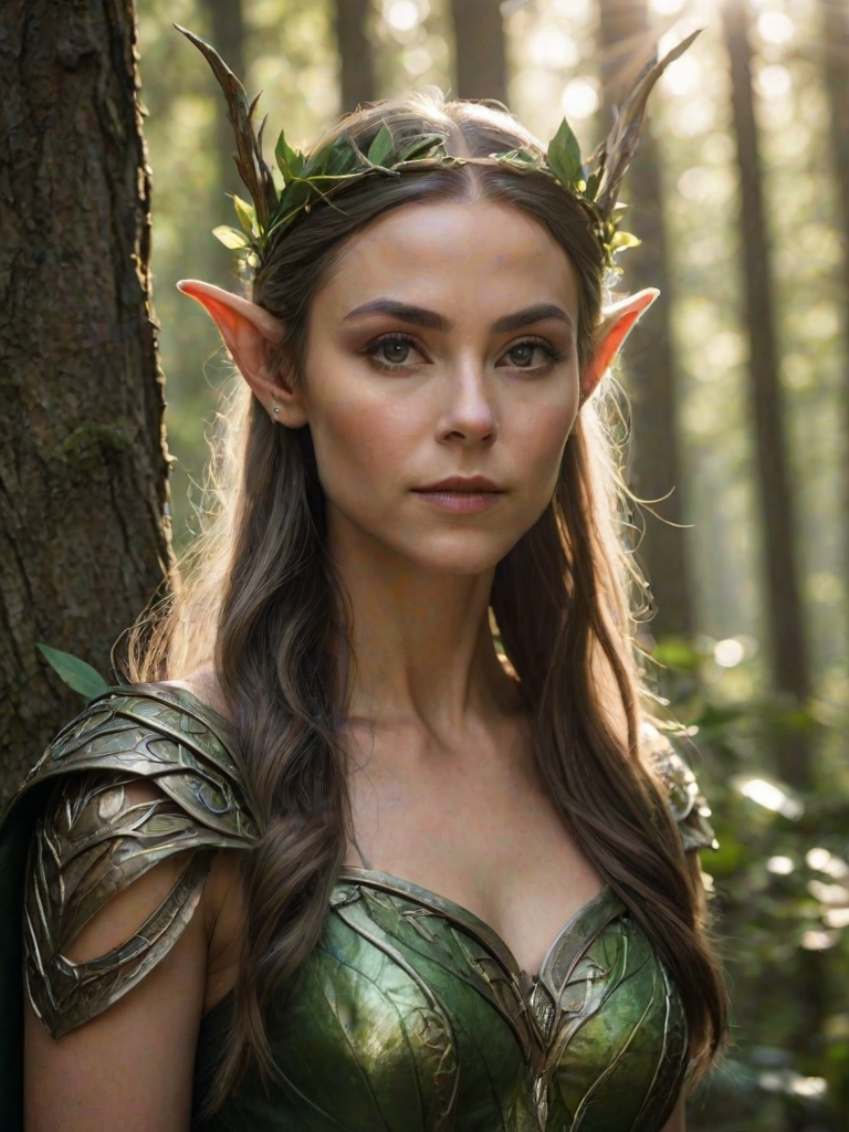 High quality portrait photo of an elven queen with pointy ears in the forrest wearing a laurel wreath. She is gazing at the viewer in an aloof and neutral manner. Voluminous rays of sunlight illuminating the forrest patch behind her