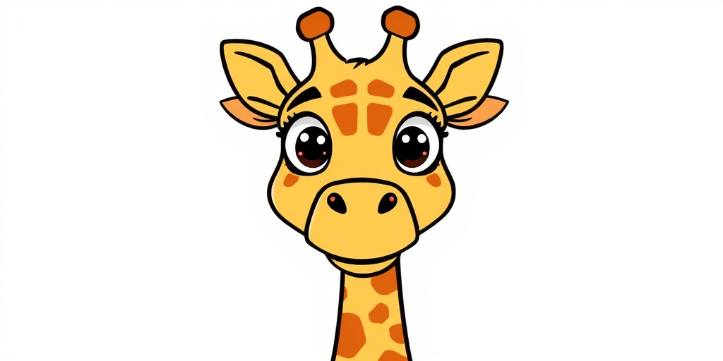 Create a simple cartoon drawing of a giraffe head with large eyes and a surprised expression peeking from the side of a blank canvas with a few spots on its neck.