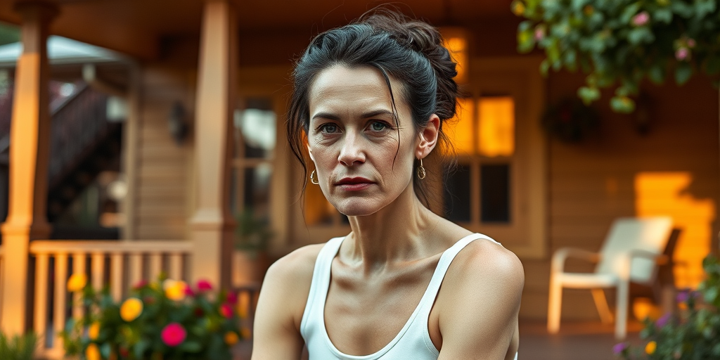 A photo of Tilda Swinton with a background of a cozy porch. She has dark hair pulled back in an updo, with tendrils framing her face. She wears a white tank top and sits on the porch. The porch is part of a well-lit home with a warm, earthy tone and colorful flowers and foliage. The overall scene has a warm, welcoming, and comfortable ambiance.