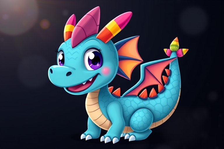 create a cute cartoon dragon with vibrant blue scales, rainbow-colored spikes, large expressive eyes, and a whimsical pose, set against a dark gradient background with soft glowing features