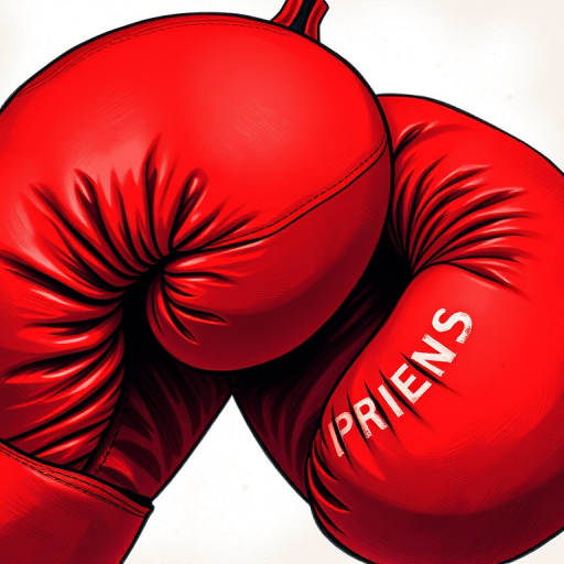 Create a detailed illustration of a pair of red boxing gloves with intricate stitching, use a DSLR camera with an aperture of f/2.8, a shutter speed of 1/100 second, and a focal length of 50mm, capturing the gloves from a slightly elevated angle with a soft-focus background to enhance image quality.