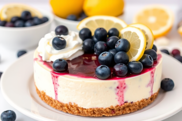 Blueberry cheesecake with a graham cracker crust topped with fresh blueberries and whipped cream garnished with lemon slices displayed on a white plate alongside a bowl of blueberries and lemons in the background.