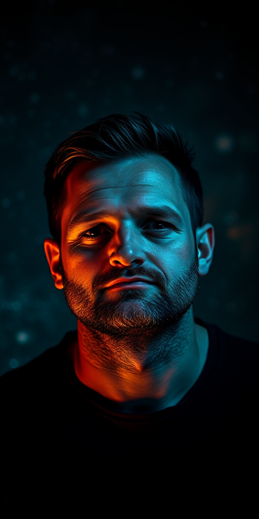 Portrait of a man with a cosmic background, captured in low light with a 50mm lens at f/1.8, ISO 100, 1/60s shutter speed, using a softbox for dramatic lighting, shot with a full-frame DSLR from a low angle.