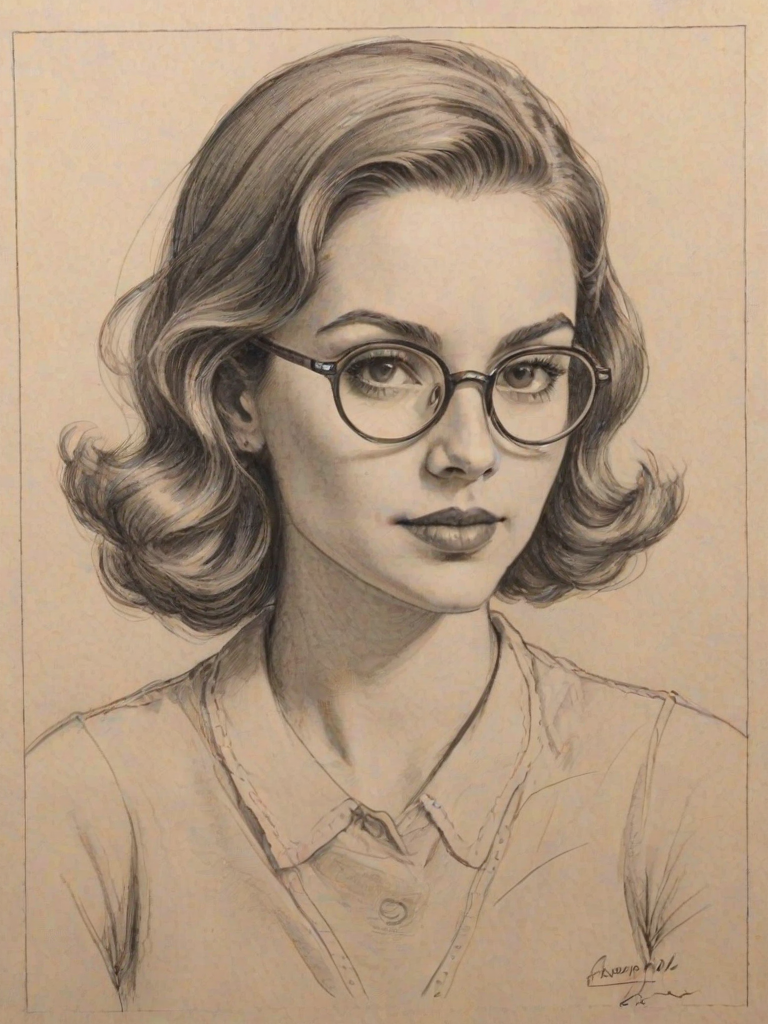 Wonderful Dylan Gelula, pencil sketch, portrait of Ravishing woman 1934s in glasses, hair style beatnik, outline, clear lines, fine lines, 8k