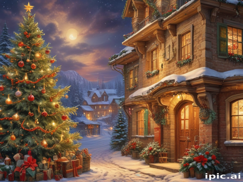A Cozy Winter Evening Scene with a Christmas Tree and Festive Decorations.