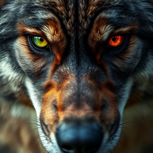 Create a highly detailed close-up of a half-human, half-werewolf face merging seamlessly, showcasing vibrant green and orange eyes with intense textures on both sides, captured with a Canon EOS R5 at 85mm f/1.2, natural lighting, high contrast, and shallow depth of field to enhance facial features and fur details.