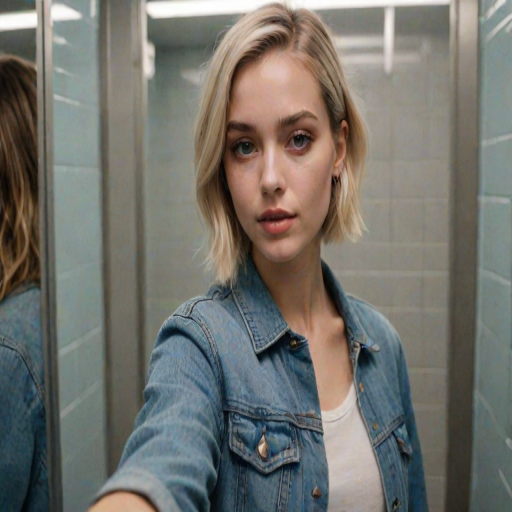 The image is a photograph of a young woman taking a selfie in what appears to be a public restroom, as evidenced by the grey cinder block walls and metal stall doors. She is a Caucasian woman with light skin Her facial features include a small nose, full lips, a beauty mark under her right eye and she has a subtle, natural makeup look with a focus on her eyes, which are accentuated with blue eyeshadow and mascara, giving her an alluring gaze. She has shoulder-length blonde hair, styled in a loose bob. She is wearing a dark blue denim cap, a black T-shirt featuring a stylized, intricate skull graphic with the word "Download" and some text below it, and light blue denim shorts. Her nails are painted a light pink, and she has a delicate silver necklace around her neck. She holds a red iPhone 12 mini, capturing her reflection in a mirror. The woman has a subtle, natural makeup look with a slight smile and neutral expression. The restroom features a tiled floor and a metal handrail visible at the bottom of the image. The lighting is bright, casting minimal shadows and providing a clear view of her outfit and the surroundings. The overall mood of the image is casual and candid, capturing a moment of everyday self-expression. The setting and attire suggest she is likely in her late teens or early twenties.