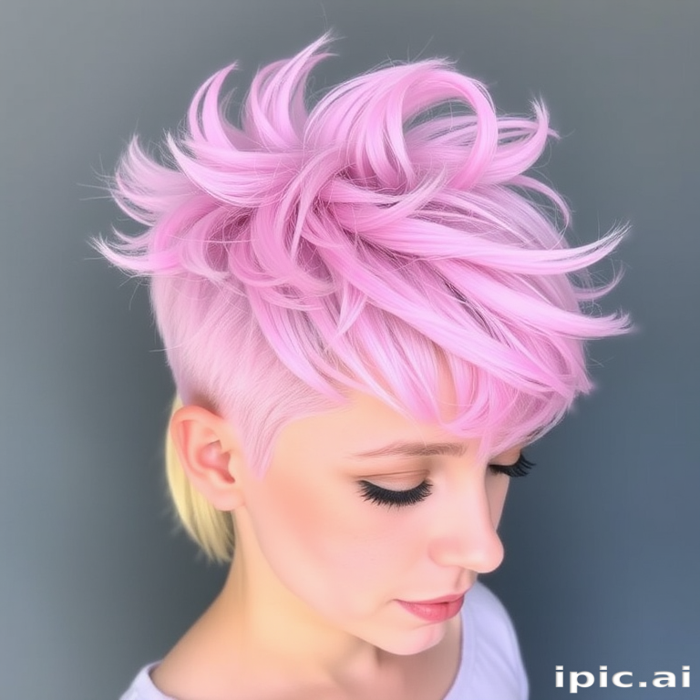 Whimsical pastel pink pixie cut with soft lavender undertones, styled in playful spikes resembling cotton candy wisps, christened "Fairy Floss Fantasy"