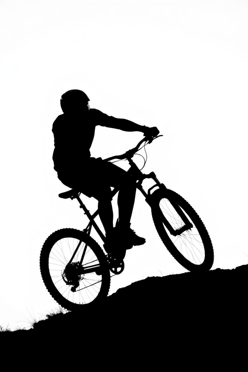 Create a high-contrast silhouette of a cyclist riding a mountain bike against a white background, using a DSLR camera with a 50mm lens, aperture set to f/2.8, ISO 100, shutter speed 1/500s, and a side view perspective to enhance image quality.