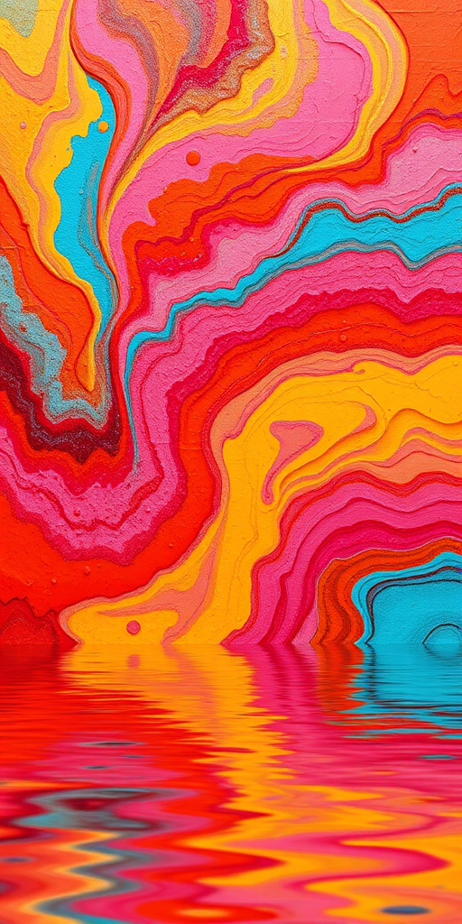 Create a vibrant and textured abstract painting resembling swirling colors of red, orange, pink, yellow, blue, and turquoise with a serene water reflection in the foreground, captured with a DSLR camera at f/2.8 for a shallow depth of field, ISO 100, 1/125s shutter speed, and wide-angle lens at 24mm to enhance image quality and detail.