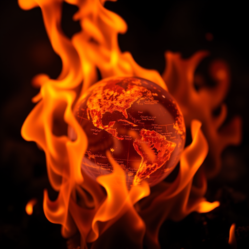 Generate a highly detailed image of a fiery globe surrounded by vibrant flames, captured with a DSLR camera at f/2.8, ISO 100, shutter speed 1/200 sec, using a macro lens with a close-up view and soft focus background to enhance image quality.