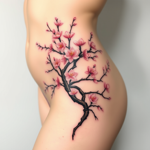 Elegant body tattoo of a blooming cherry blossom tree extending from the hip to the ribcage, executed in soft pastel shades with metallic gold accents
