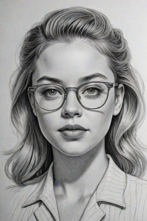 Exquisite Sydney Sweeney, pencil sketch, portrait of Captivating woman 1941s in glasses, hair style beatnik, outline, clear lines, fine lines, 8k
