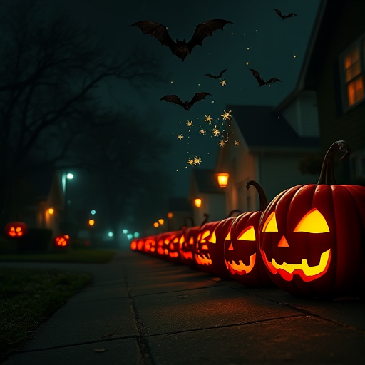 a spooky Halloween night scene featuring a row of glowing jack-o'-lanterns on a dimly lit suburban street, with eerie bats flying in the background and magical sparkles swirling through the air, captured with a Canon EOS R5, 24mm lens, f/2.8 aperture, ISO 400, 1/125 sec exposure, wide-angle view, and a cinematic style.