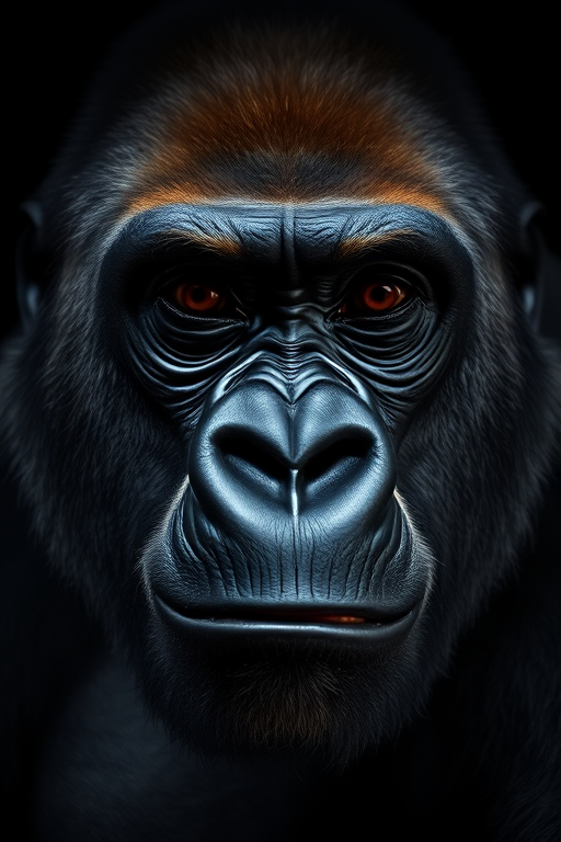 A close-up portrait of a male gorilla, captured with a Canon EOS R5, 85mm f/1.2 lens, aperture f/2.8, ISO 100, with dramatic low-key lighting to emphasize facial features and textures against a dark background.