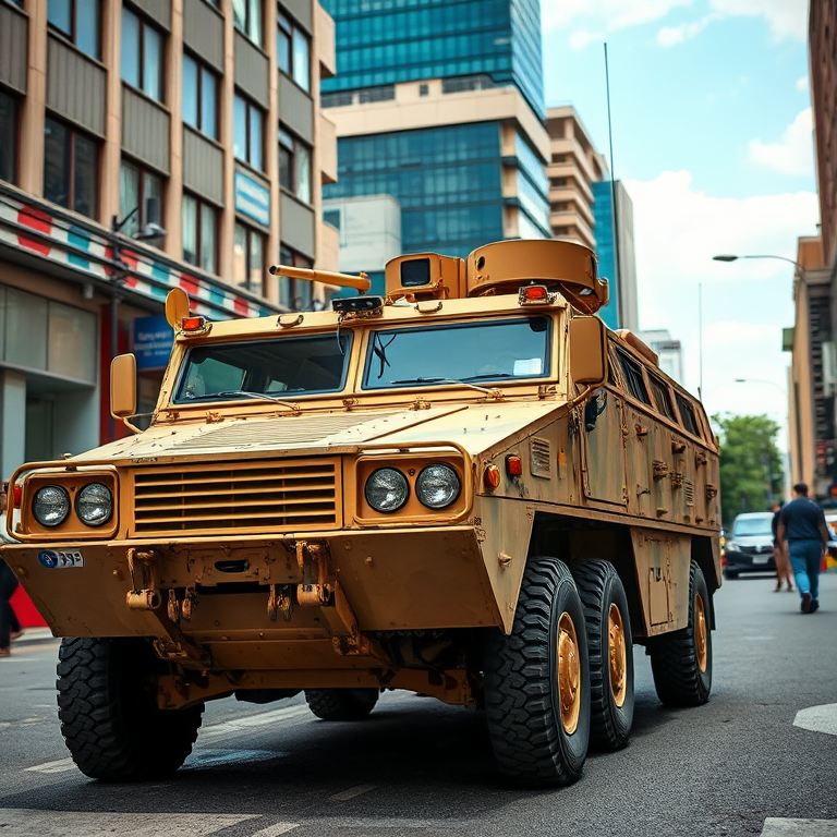 military armored vehicle in a dynamic urban setting, wide-angle lens, aperture f/8, ISO 100, 1/250s shutter speed, natural lighting, high-definition, detailed textures, focus on vehicle exterior and occupants, shot from a low angle to emphasize height and presence.