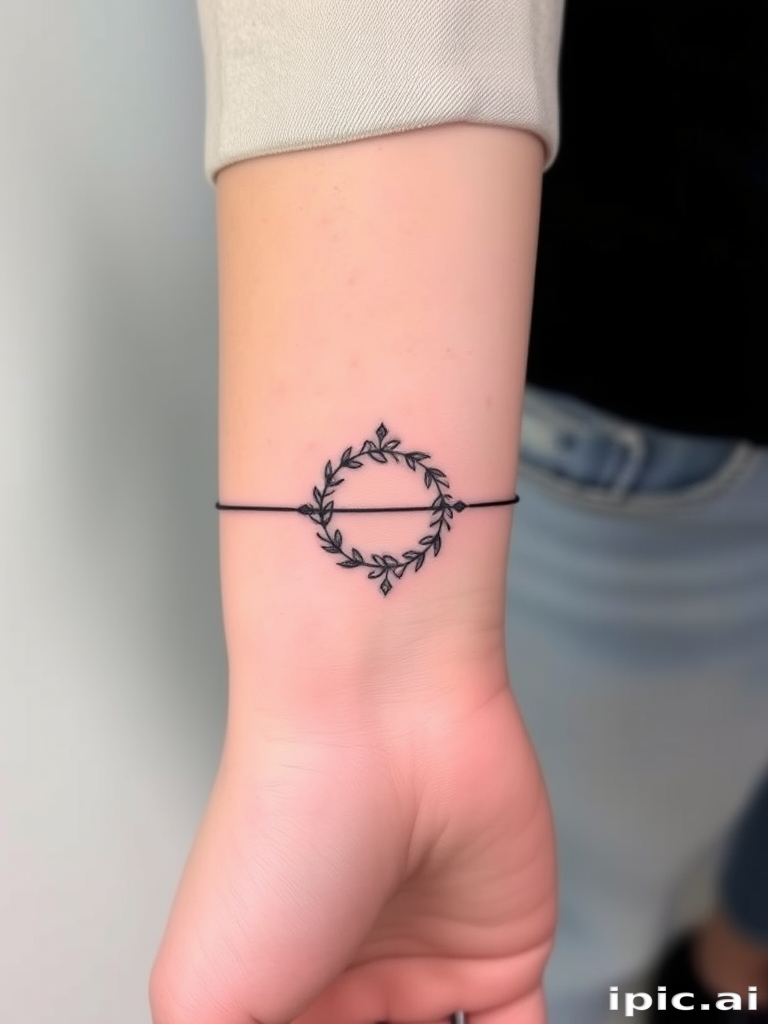 Minimalist continuous line tattoo wrapping around the wrist, forming a delicate floral wreath with a single unbroken black line