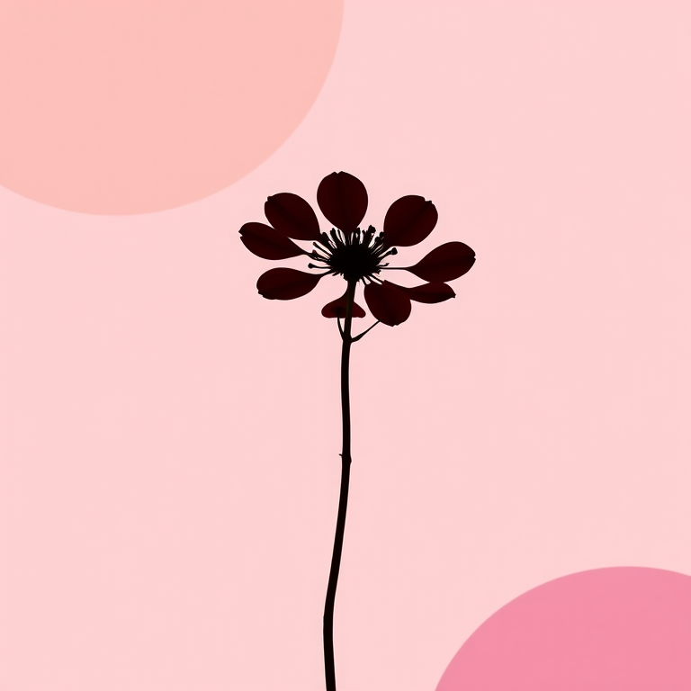 Create a high-definition digital illustration of a single flower silhouette with slender stems and circular tips, against a soft pink background, featuring abstract geometric shapes in muted beige and purple, using a Canon EOS R5, 50mm f/1.2 lens, photographic style, aperture set to f/2.8, ISO 100, and natural light to enhance contrast and detail.