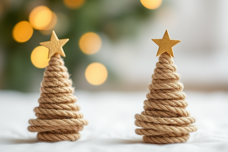 Two small decorative Christmas trees made of rope with golden star toppers on a soft, blurred white background, captured with a DSLR camera at f/2.8 aperture, 50mm lens, ISO 100, in macro view for enhanced detail and shallow depth of field.