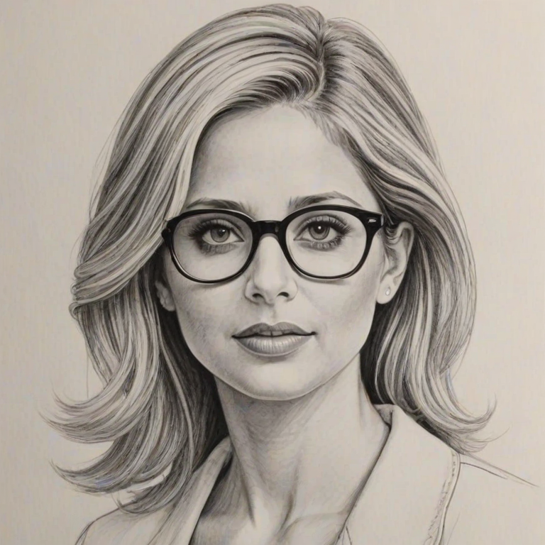 Alluring Sarah Michelle Gellar, pencil sketch, portrait of Wonderful woman 1953s in glasses, hair style beatnik, outline, clear lines, fine lines, 8k
